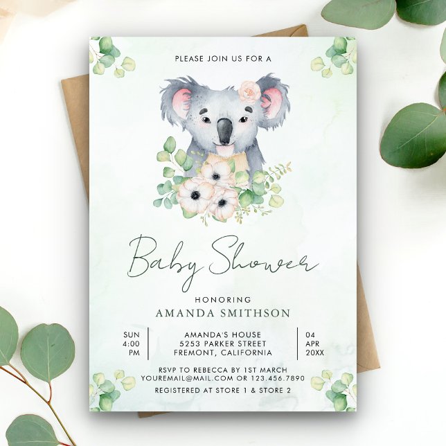 Floral Eucalyptus Koala Girl Baby Shower Invitation (Creator Uploaded)