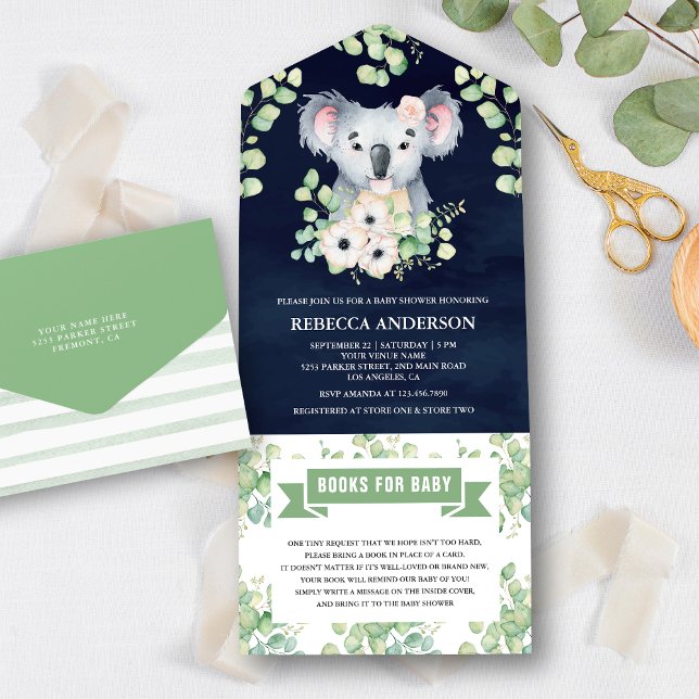 Floral Eucalyptus Koala Girl Navy Blue Baby Shower All In One Invitation (Creator Uploaded)