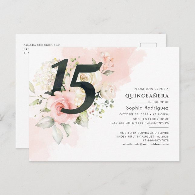 Floral Eucalyptus Leaves Quinceanera 15th Birthday Invitation Postcard (Front/Back)