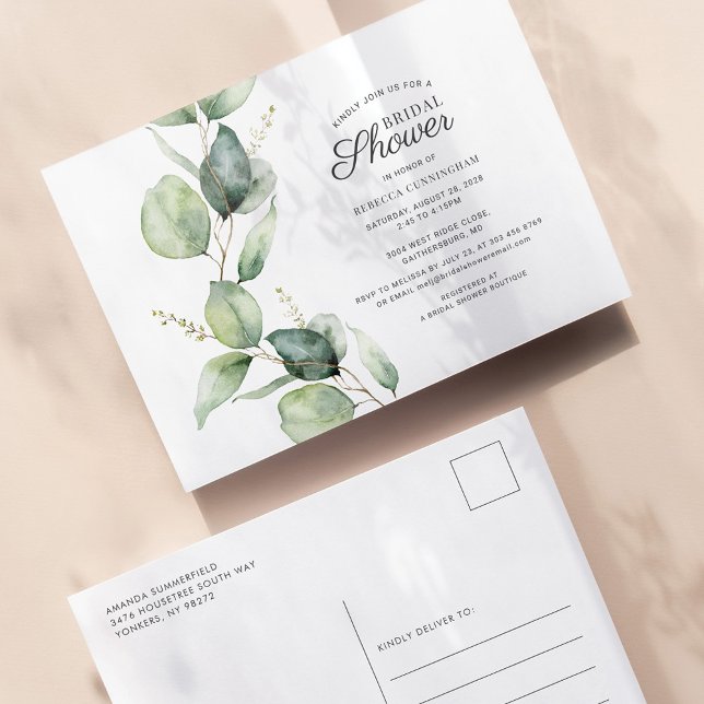 Floral Eucalyptus Leaves Script Bridal Shower Invitation Postcard (Creator Uploaded)