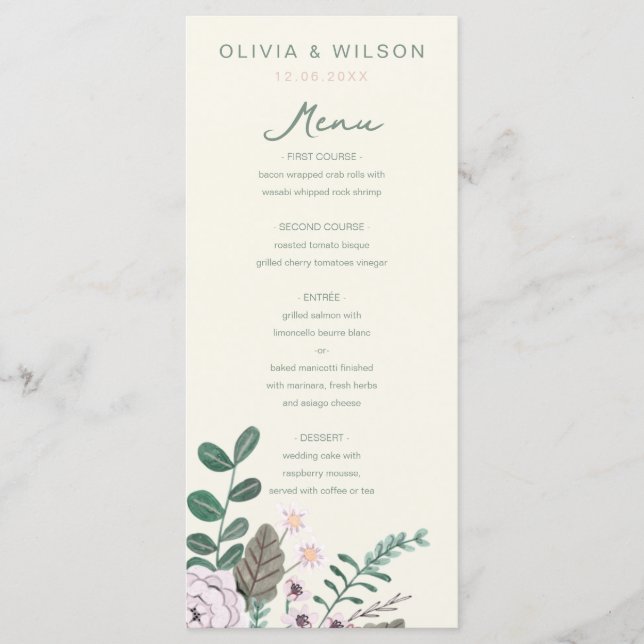 Floral eucalyptus pink green wedding menu (Front)