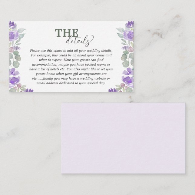 Floral Eucalyptus Purple Wedding Details  Enclosure Card (Front/Back)