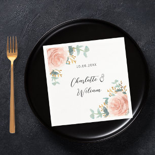 Floral eucalyptus rose gold blush wedding napkin