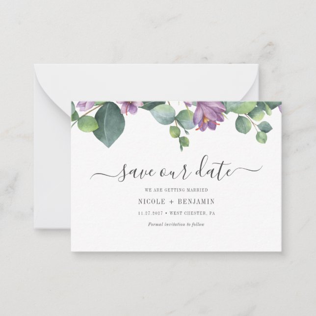 Floral Eucalyptus Script Greenery Save The Date Card (Front)