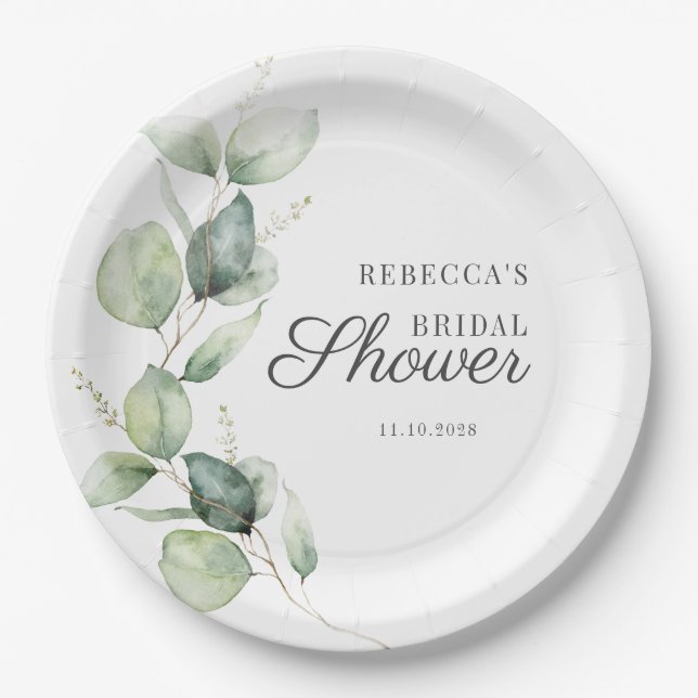 Floral Eucalyptus Script Succulent Bridal Shower Paper Plate (Front)