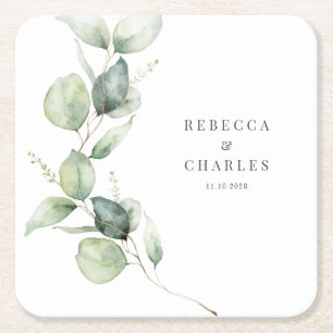 Floral Eucalyptus Script Wedding Favour Square Paper Coaster