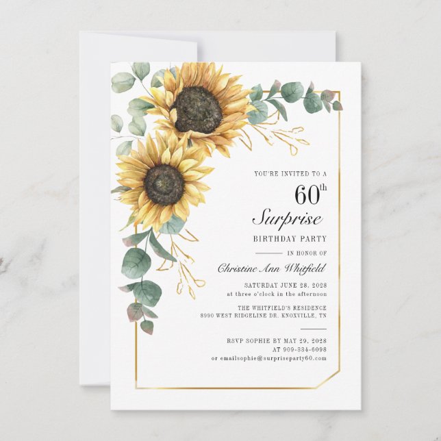 Floral Eucalyptus Sunflower 60th Birthday Party Invitation (Front)