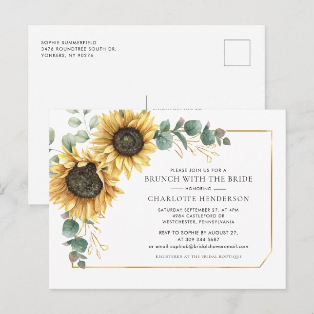 Floral Eucalyptus Sunflower Bridal Brunch Invitation Postcard (Front/Back)