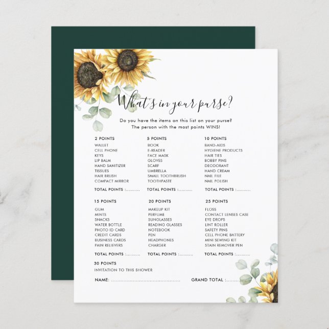 Floral Eucalyptus Sunflower Bridal Shower Game (Front/Back)