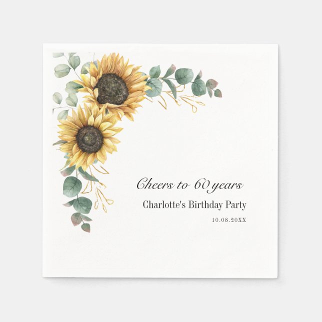 Floral Eucalyptus Sunflower Script 60th Birthday Napkin (Front)