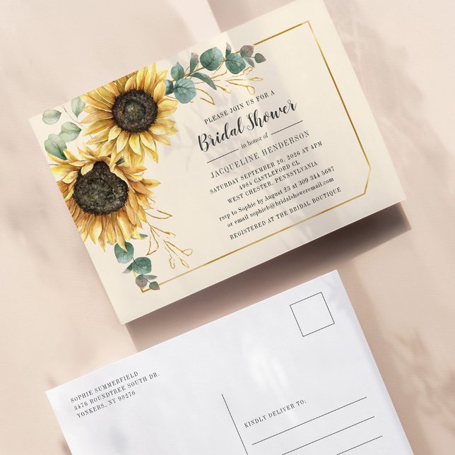 Floral Eucalyptus Sunflower Script Bridal Shower Invitation Postcard (Creator Uploaded)
