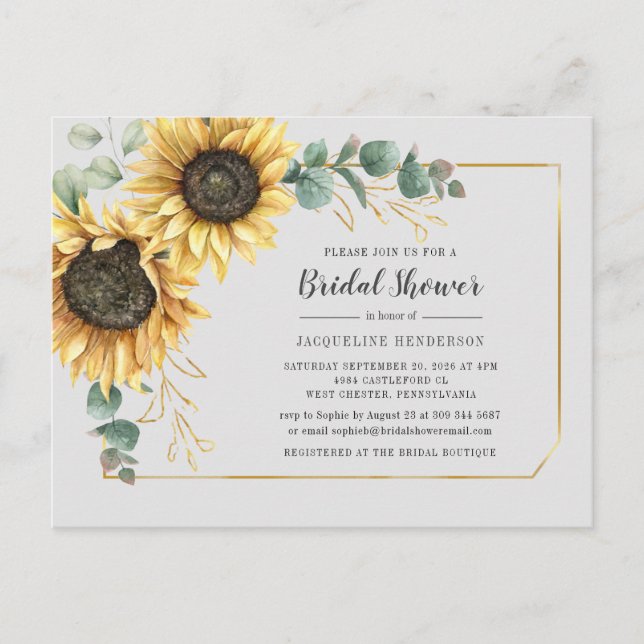 Floral Eucalyptus Sunflower Script Bridal Shower Invitation Postcard (Front)
