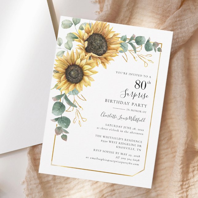 Floral Eucalyptus Sunflower Surprise 80th Birthday Invitation (Floral Eucalyptus Sunflower Surprise 80th Birthday Invitation)