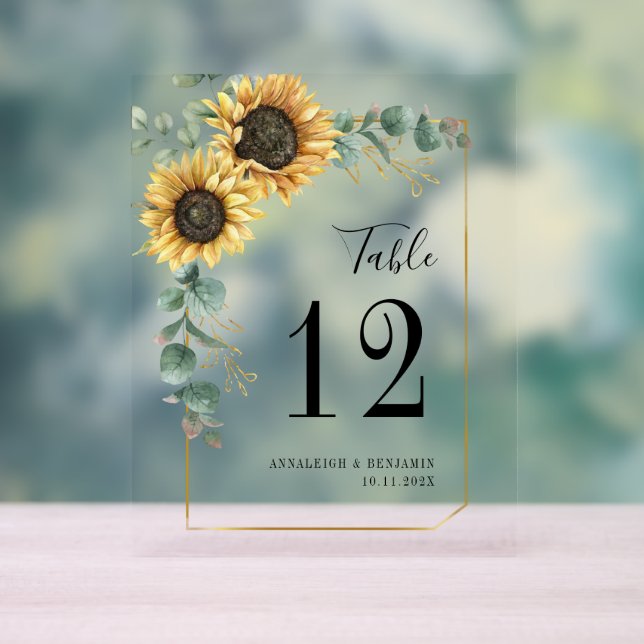 Floral Eucalyptus Sunflower Wedding Table Number Acrylic Sign (Neutral)