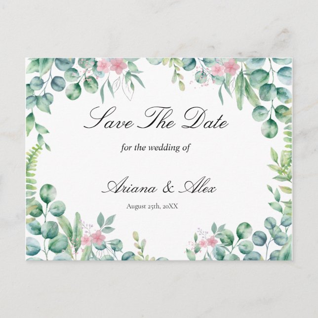 Floral Eucalyptus Wedding  Save The Date Postcard (Front)