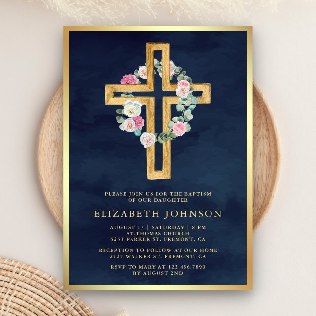 Floral Eucalyptus Wood Cross Navy Gold Baptism Invitation (Creator Uploaded)