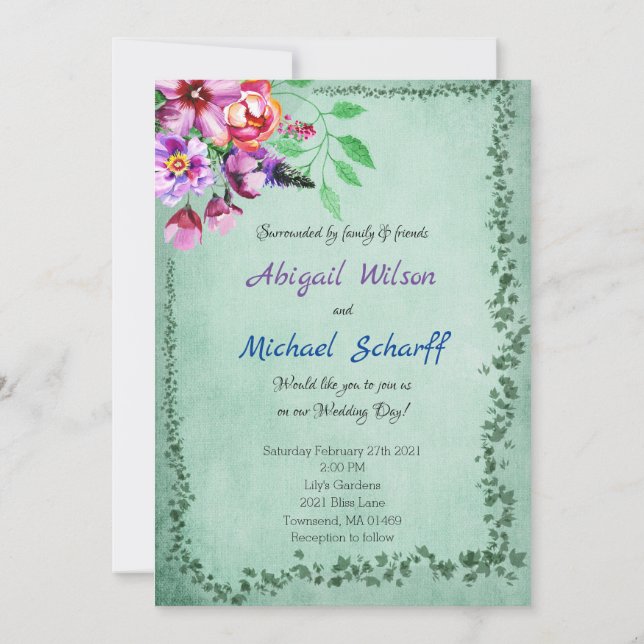Floral Evergreen Wedding Invitations (Back)