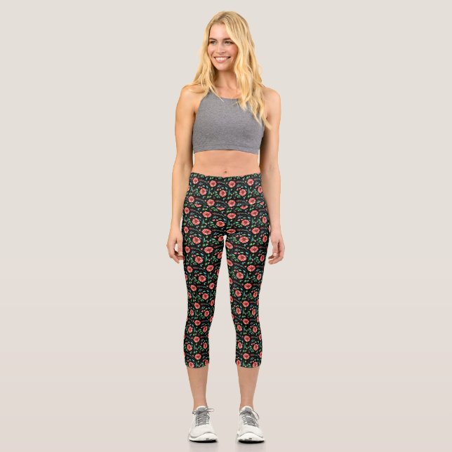 Floral Exotic Flowers and leaves Pattern-45654 Capri Leggings (Front)