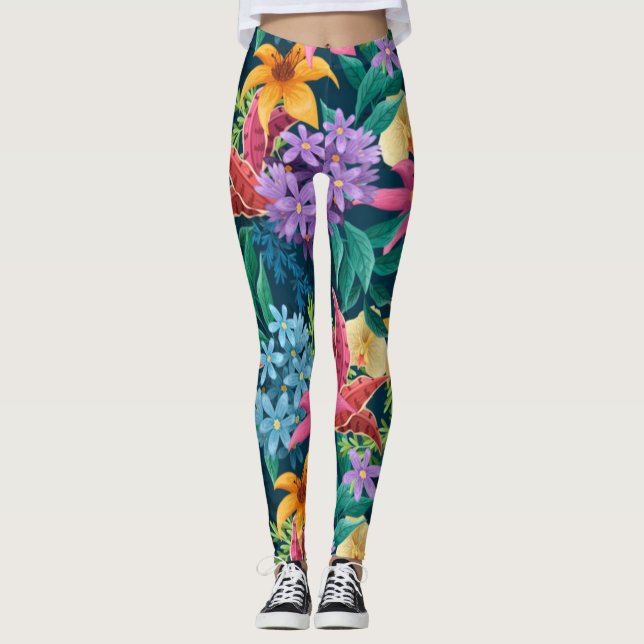 Floral Exotic Flowers leaves Pattern-23001 Leggings (Front)