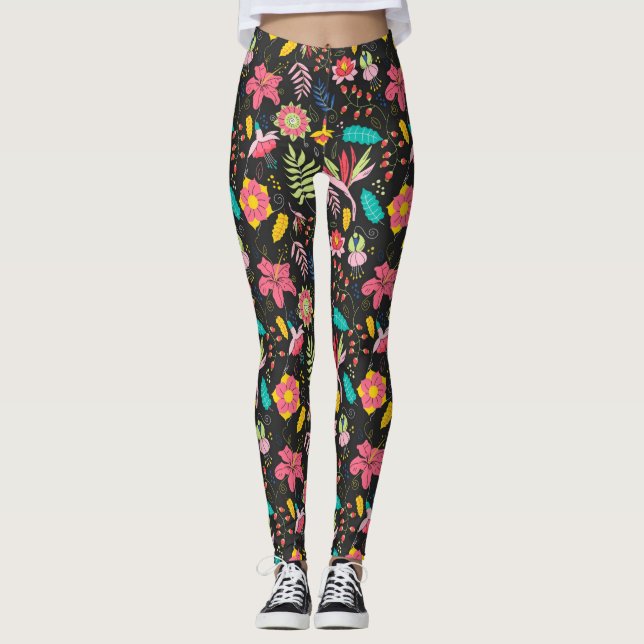 Floral Exotic Flowers Leaves Pattern-23760 Leggings (Front)