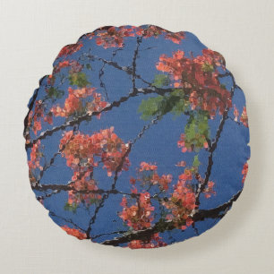 Floral Fabric, Blue Round Cushion
