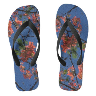 Floral Fabric Blue, wide black, Flip Flops