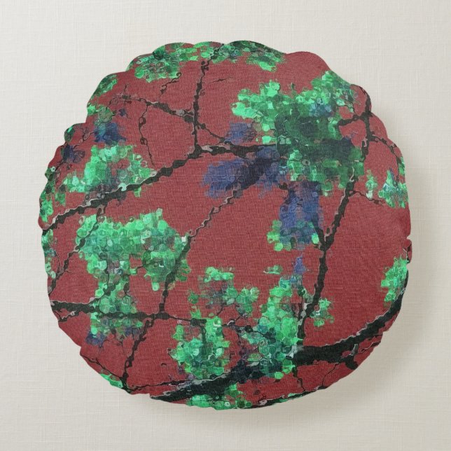 Floral Fabric, Red Round Cushion (Front)