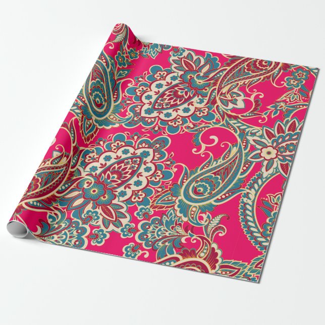 Floral fabric with paisley ornament seamless patte wrapping paper (Unrolled)