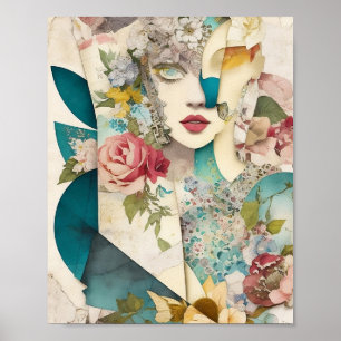 Floral Face Mixed Media Collage Ephemera Decoupage Poster