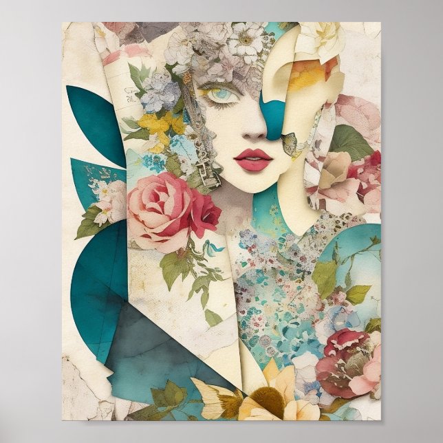 Floral Face Mixed Media Collage Ephemera Decoupage Poster (Front)