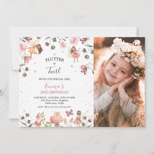 Floral Fairies Girls Photo Birthday Party Invitation (Front)