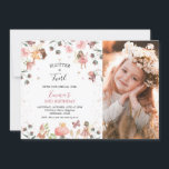 Floral Fairies Girls Photo Birthday Party Invitation<br><div class="desc">Floral Fairies Girls Photo Birthday Party Invitation

Sweet girl's fairy themed birthday party invitation featuring three fairies,  a gnome,  mushroom and various flowers.  The back of this invitation is a dark rose gold or plum colored glitter image.  Ideal for a little girl having a fairy themed birthday party.</div>