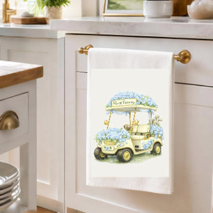 Floral Fairway Hydrangea Golf Cart Ivory Tea Towel