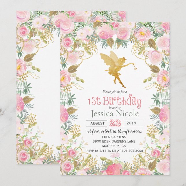 Floral Fairy 1st Birthday Invitation (Front/Back)