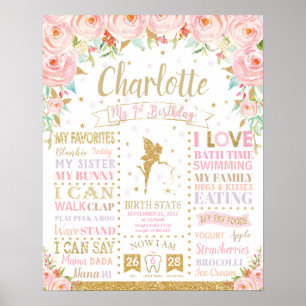 Floral Fairy 1st Birthday Milestone Birth Stats Po Poster