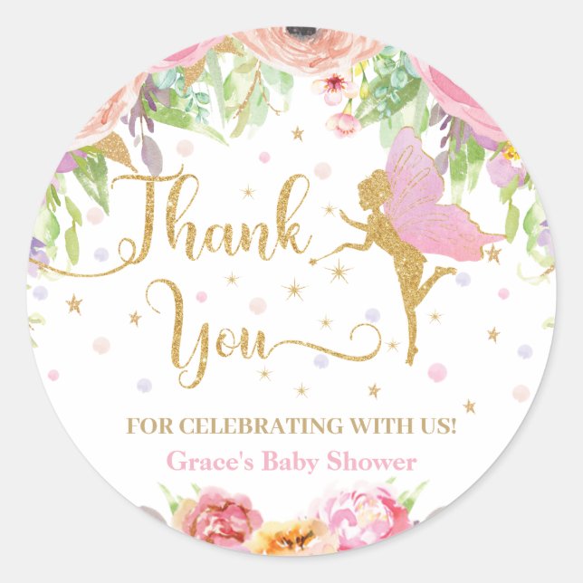 Floral Fairy Baby Shower Birthday Thank You Favour Classic Round Sticker (Front)