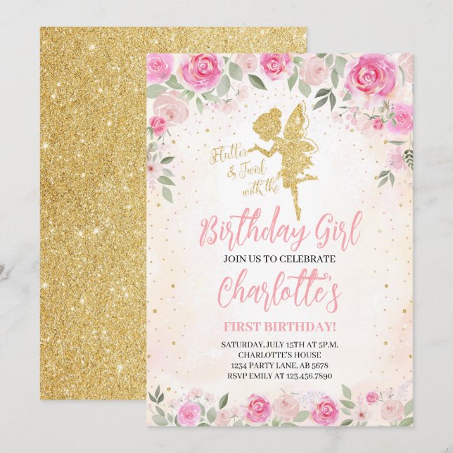 Floral Fairy Birthday Gold Glitter Invitation (Front/Back)