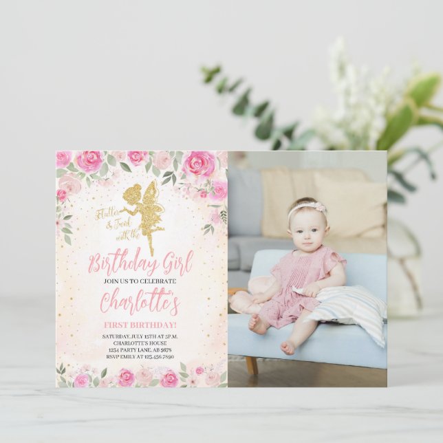 Floral Fairy Birthday Gold Glitter Photo Invitation (Standing Front)