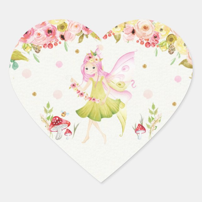 Floral Fairy Birthday Party Favour Heart Sticker (Front)