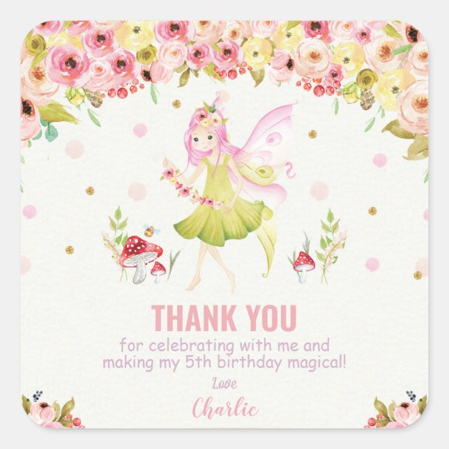 Floral Fairy Birthday Party Favour Thank You Square Sticker (Front)