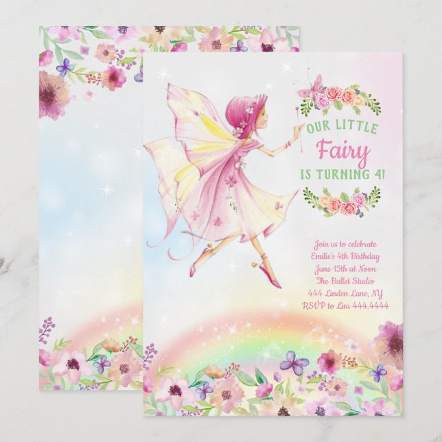 Floral Fairy Birthday Party Invitations (Front/Back)