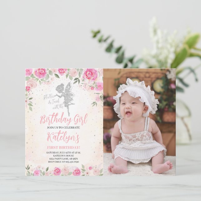 Floral Fairy Birthday Silver Glitter Photo Invitation (Standing Front)