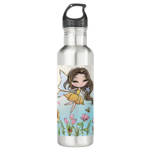 Floral Fairy Brown Hair Girl Custom Name Kids 710 Ml Water Bottle