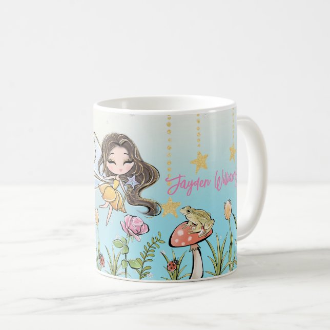 Floral Fairy Brown Hair Girl Custom Name Kids Mug (Front Right)