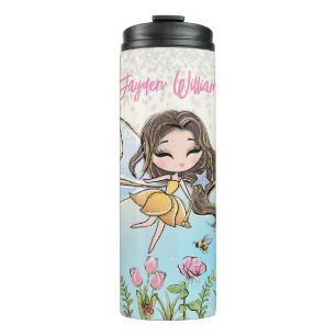 Floral Fairy Brown Hair Girl Custom Name Kids Thermal Tumbler