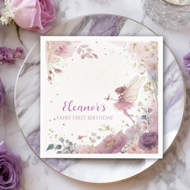 Floral Fairy First Birthday Personalised Napkin (Creator Uploaded)