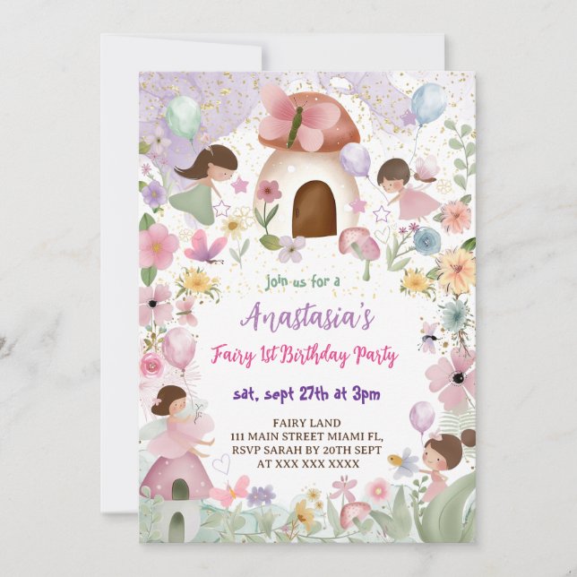 Floral Fairy Girl 1st Birthday Invitation (Front)
