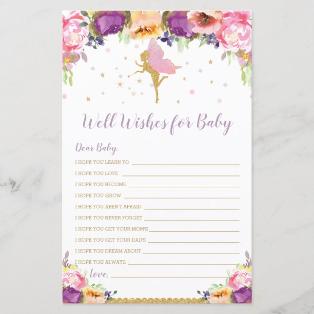 Floral Fairy Well Wishes for Baby Shower Game (Front)