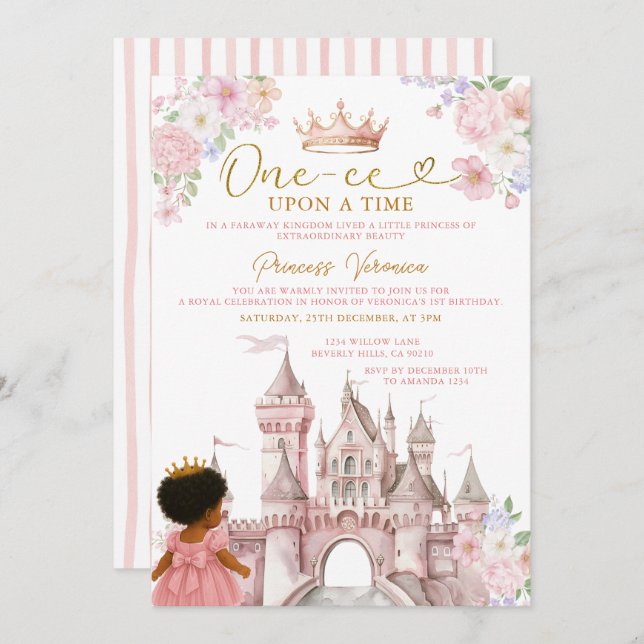 Floral Fairytale African American Girl Birthday Invitation (Front/Back)