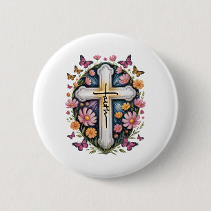 Floral Faith Cross 6 Cm Round Badge